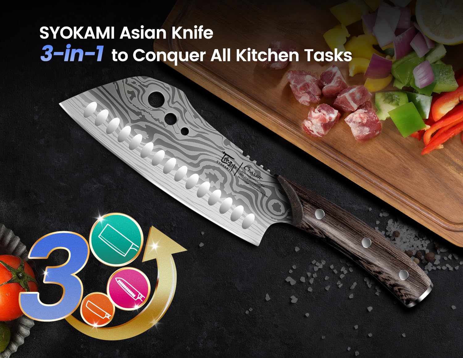 SYOKAMI 3-in-1 kitchen knife blending chef, santoku, and nakiri styles