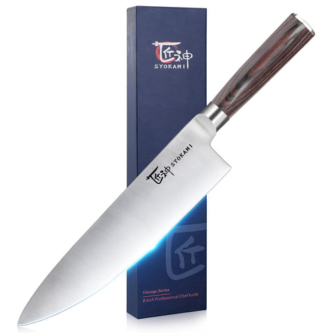 SYOKAMI 8-inch blade close-up showing satin edge for precise slicing.