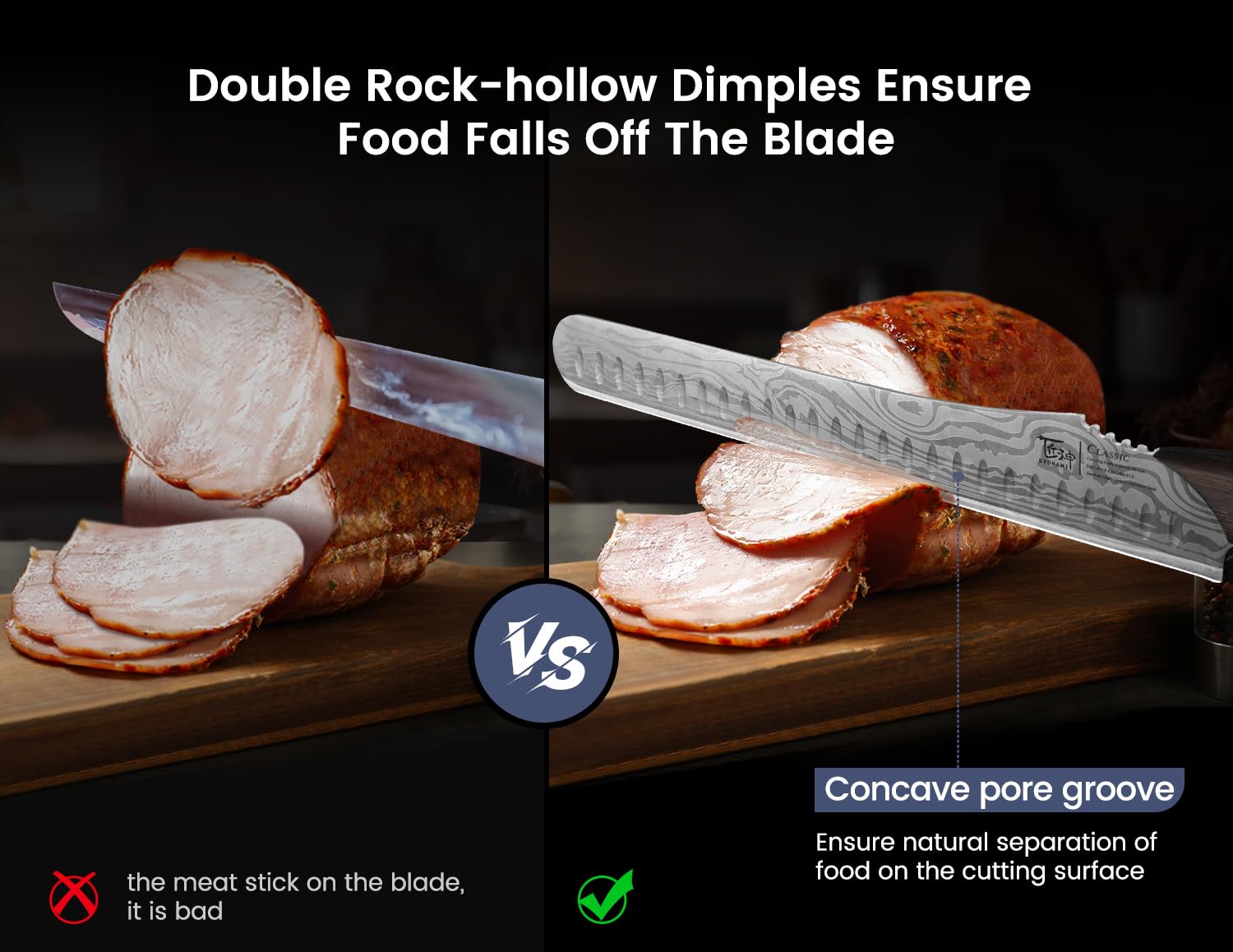 SYOKAMI brisket slicing knife wood handle with ergonomic grip.