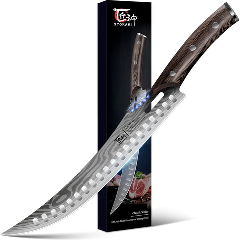 SYOKAMI butcher knife with a 10.5-inch curved blade for precise steak slicing.