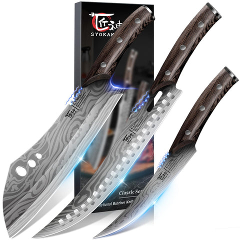 SYOKAMI curved boning knife close-up showing flexible blade for precise meat separation.