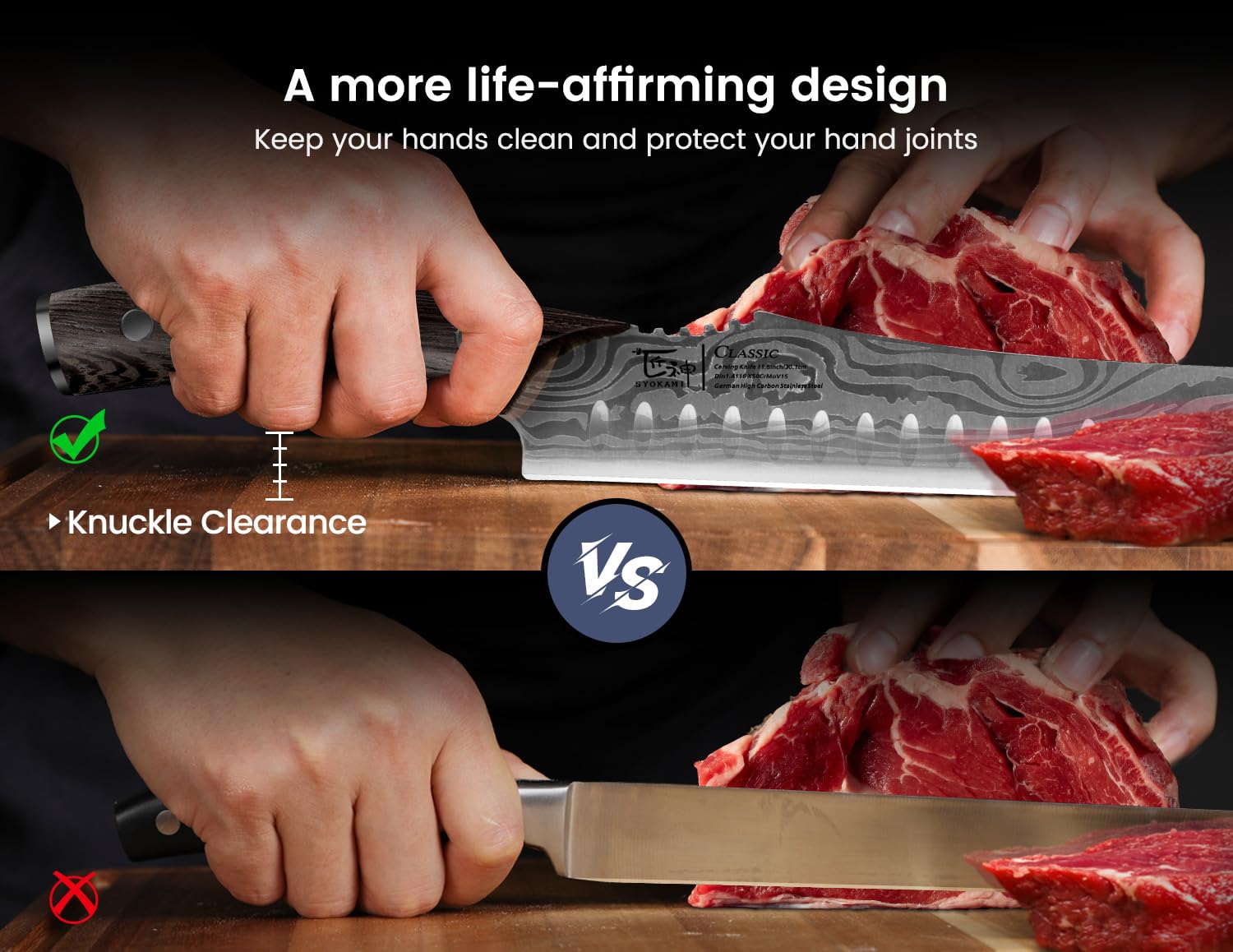 SYOKAMI carving knife satin finish blade for smooth prep.