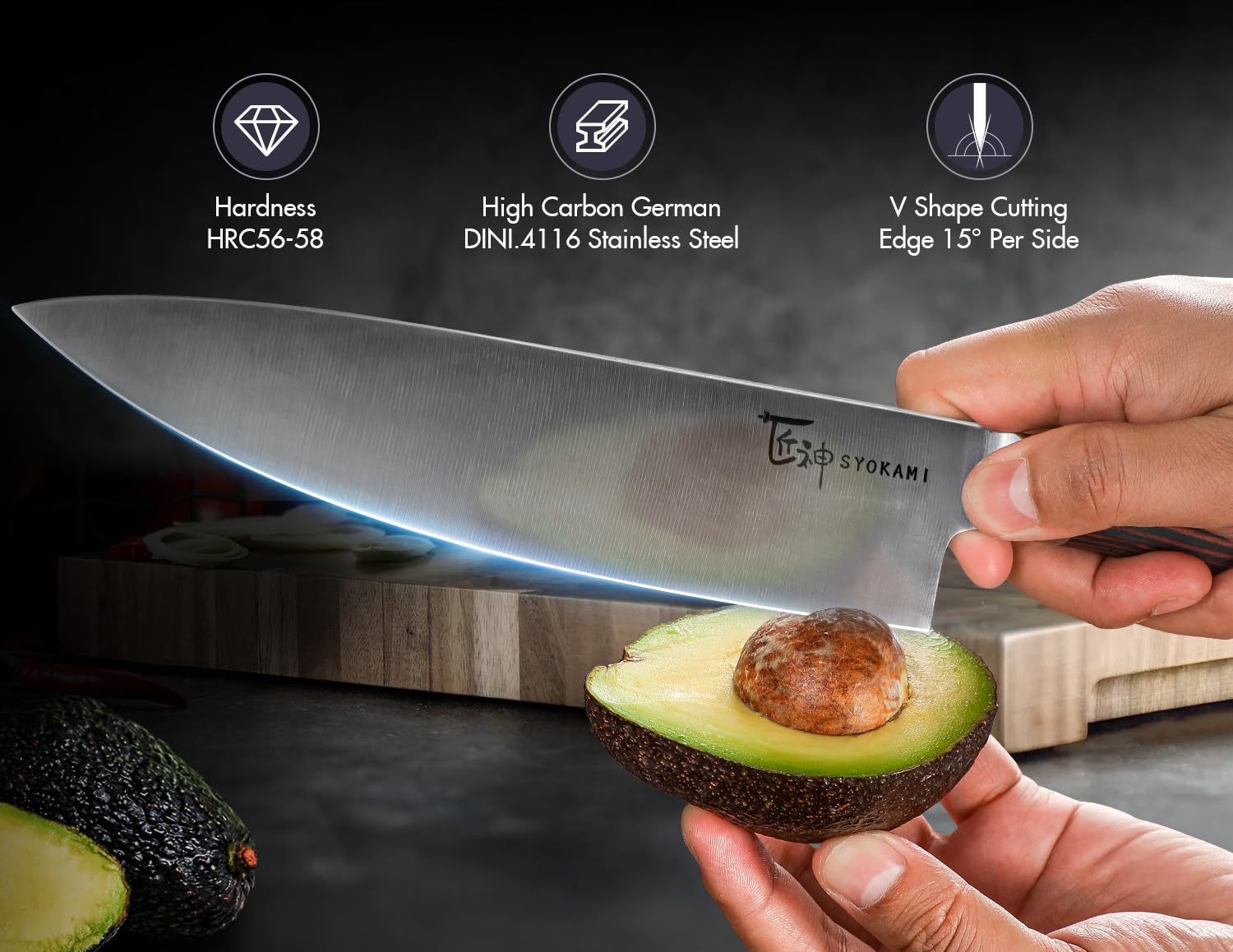 SYOKAMI ergonomic wood handle emphasizes comfort during extended prep.