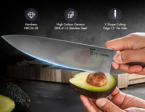 SYOKAMI ergonomic wood handle emphasizes comfort during extended prep.