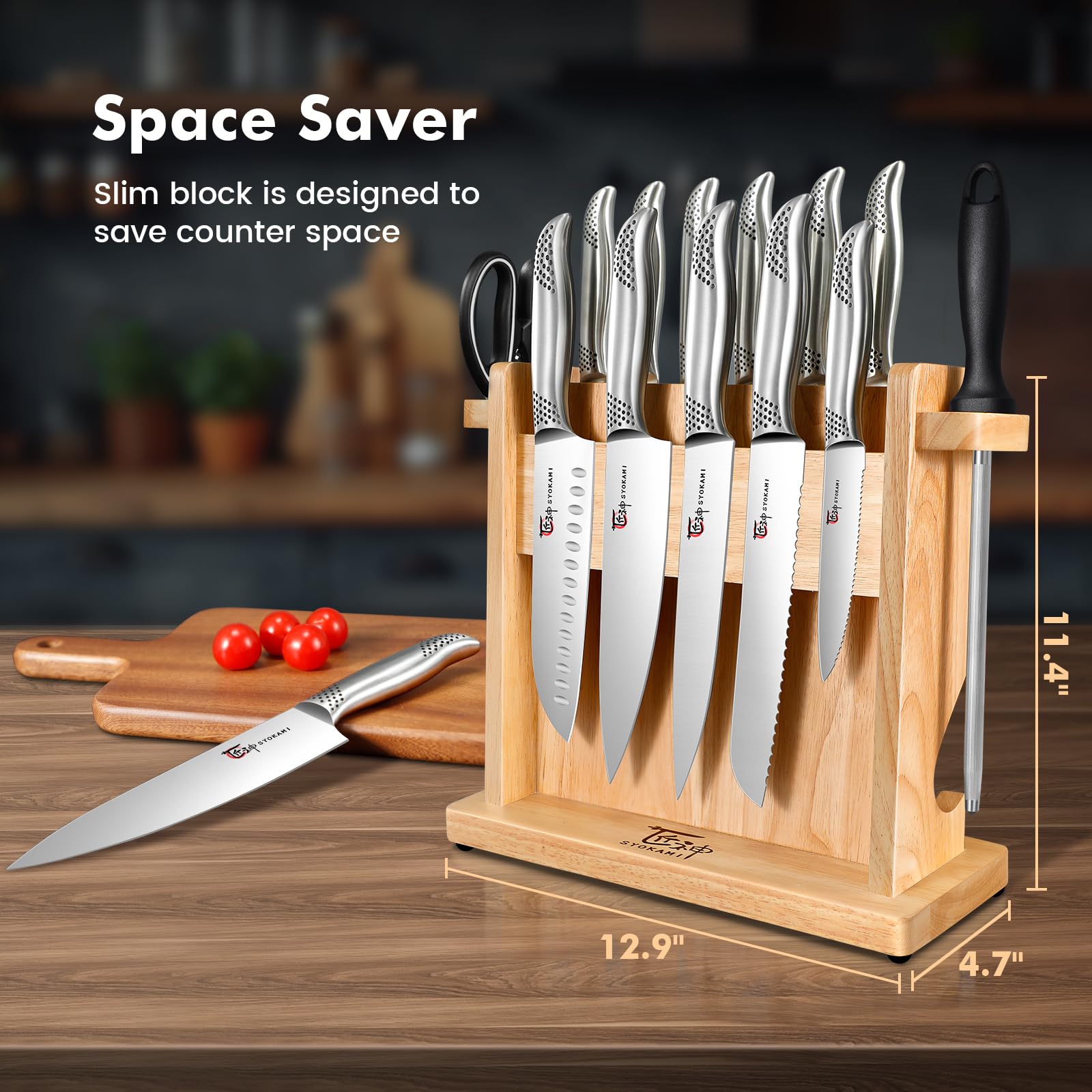 SYOKAMI vertical magnetic holder maximizes counter space and keeps knives visible.