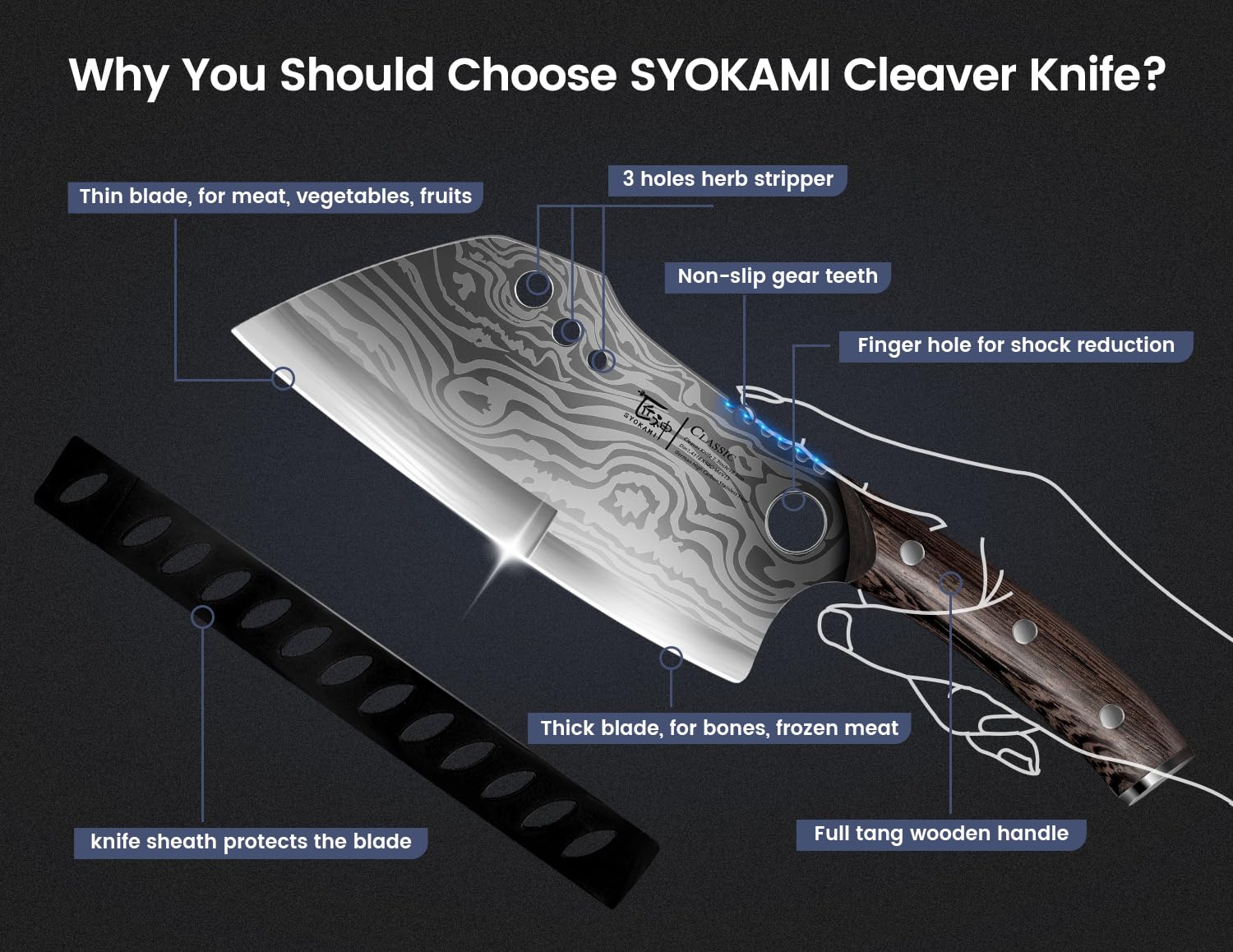 SYOKAMI Damascus pattern full tang wood handle demonstrates premium craftsmanship