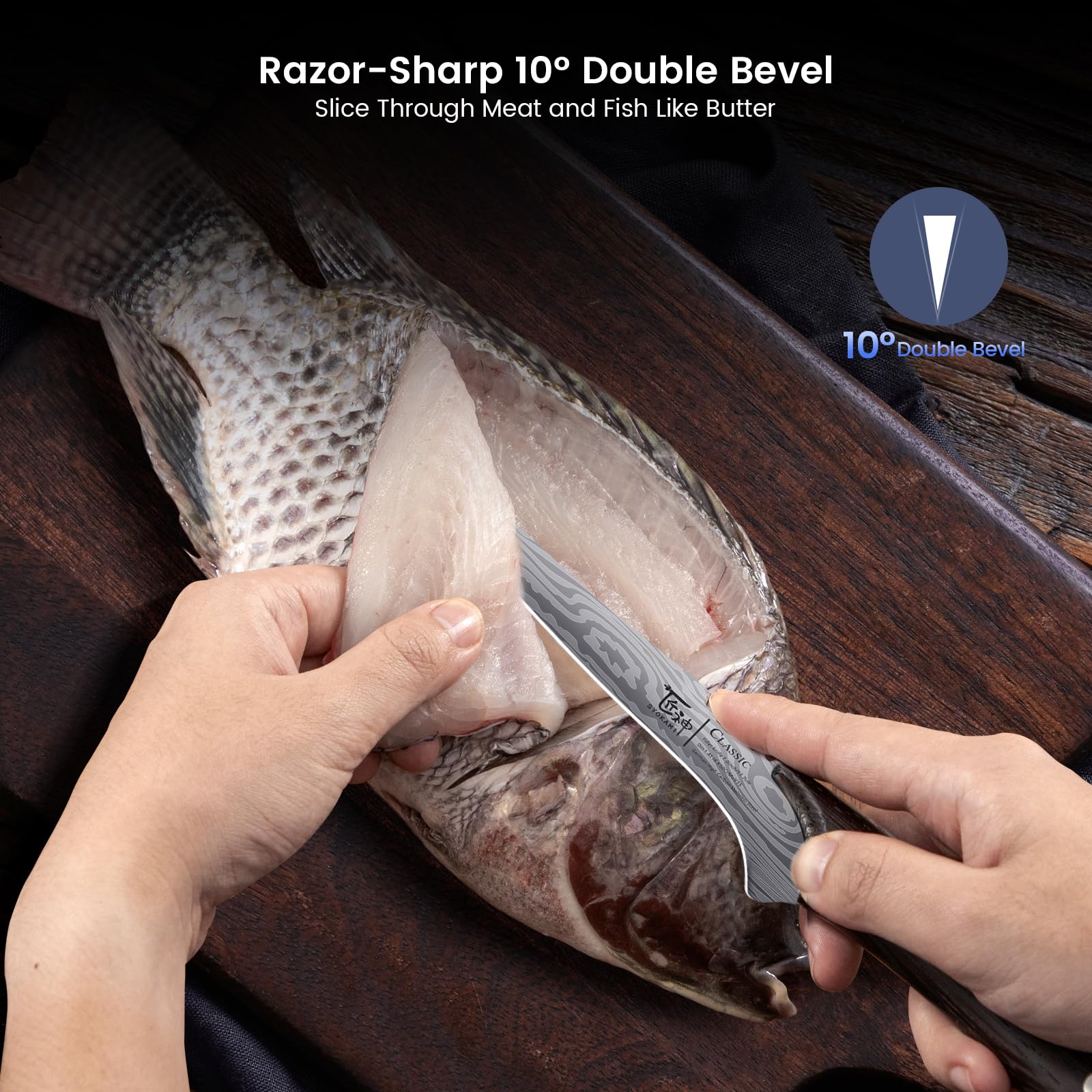 SYOKAMI fillet knife anti-slip spine teeth improve control in wet kitchens.