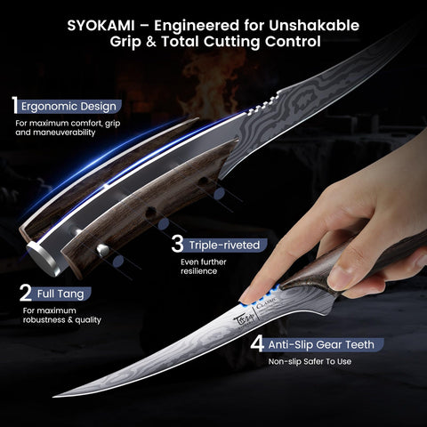 SYOKAMI fillet knife curved finger guard prevents slips during trimming.