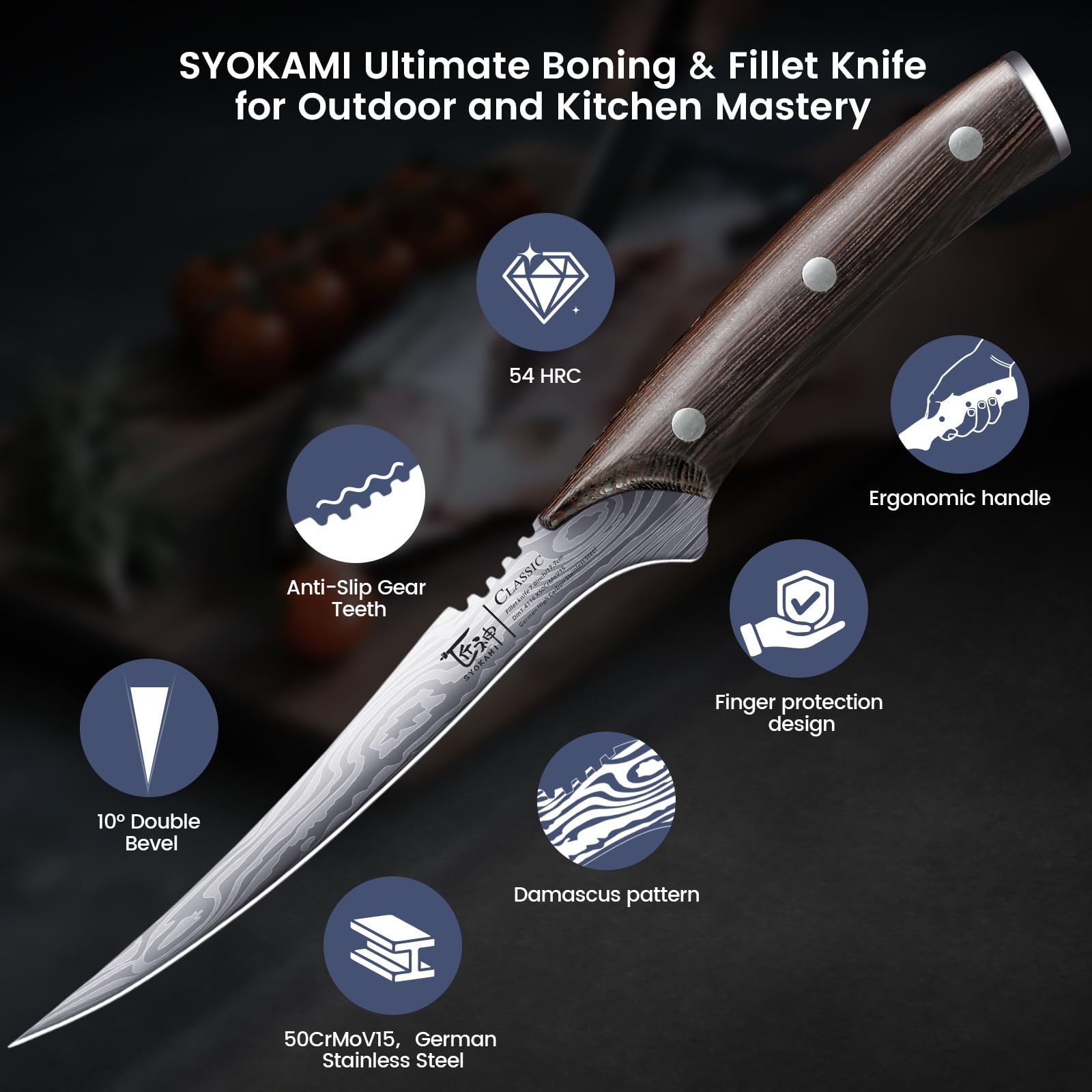 SYOKAMI fillet knife on cutting board performing clean deboning with precision.