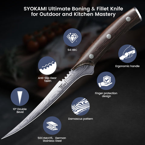 SYOKAMI fillet knife on cutting board performing clean deboning with precision.