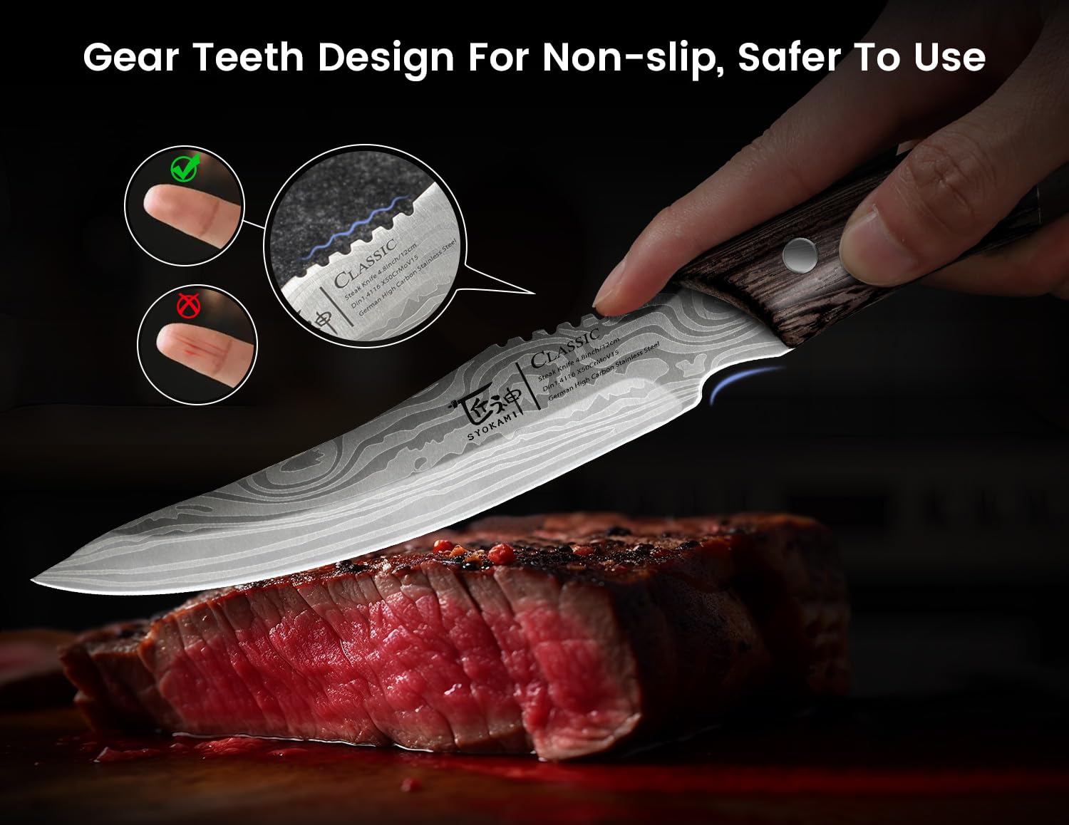 SYOKAMI high carbon stainless steel with HRC56+ resists wear