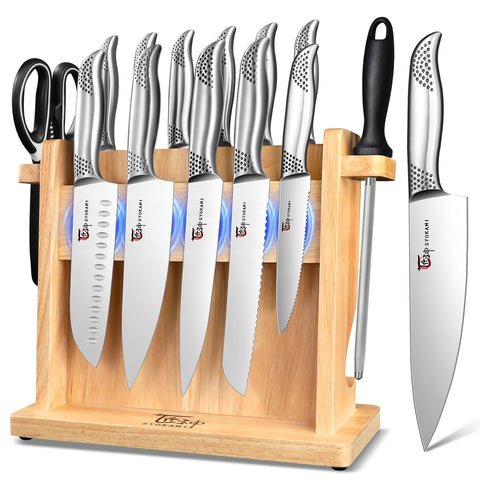 SYOKAMI Japanese knives set secured in a magnetic block for quick access and organized counter.