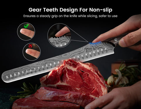 SYOKAMI meat slicer Damascus pattern blade for premium cuts.