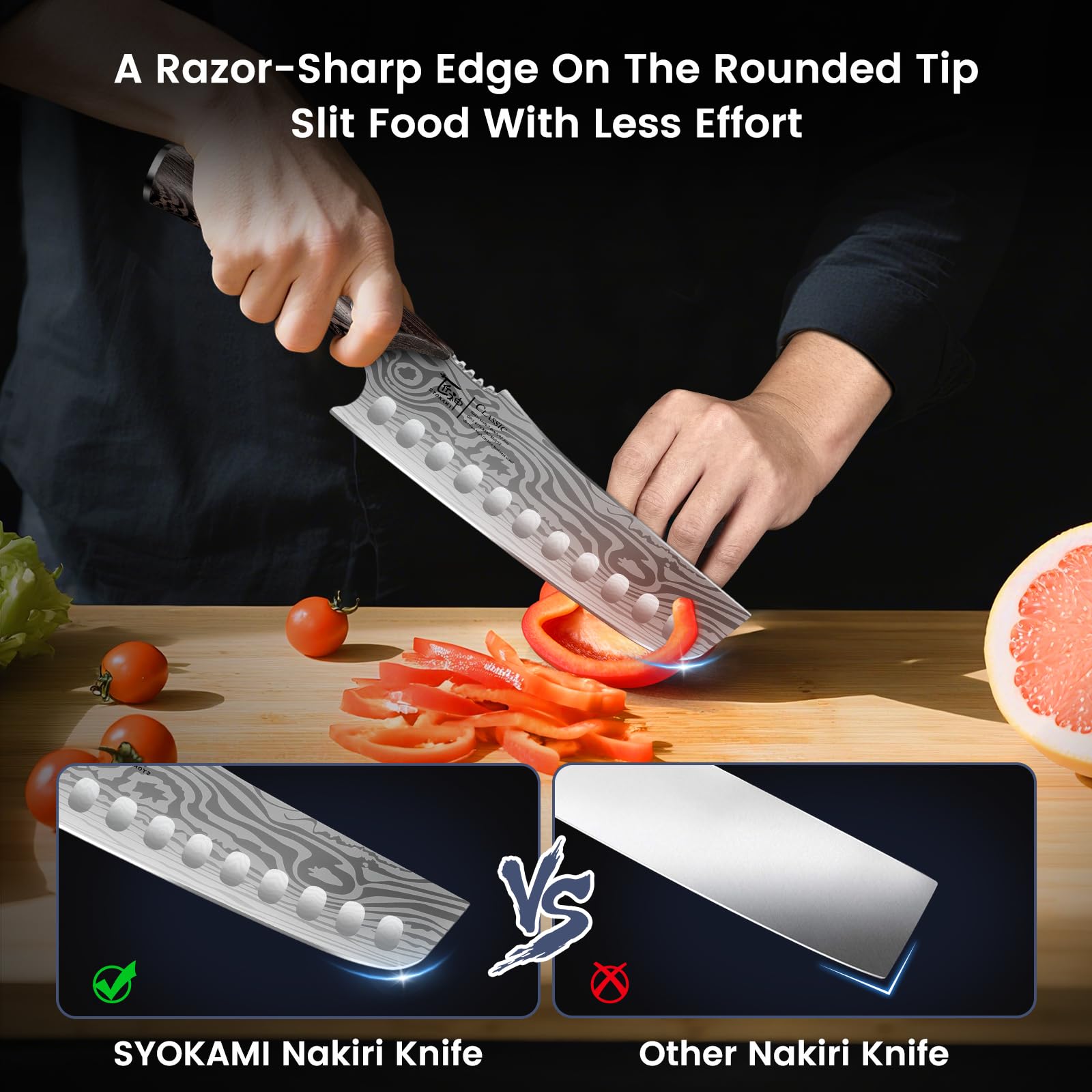 SYOKAMI Nakiri knife with Damascus pattern for elegant prep