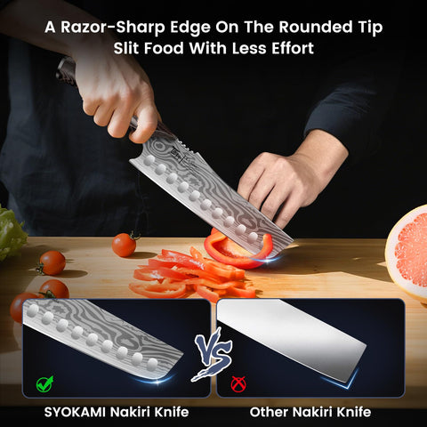 SYOKAMI Nakiri knife with Damascus pattern for elegant prep