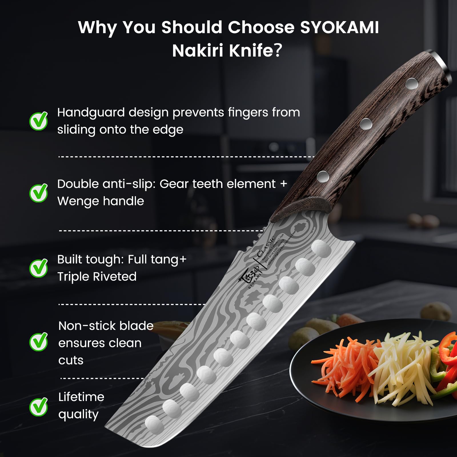 SYOKAMI Nakiri non-slip grip stays secure with wet ingredients