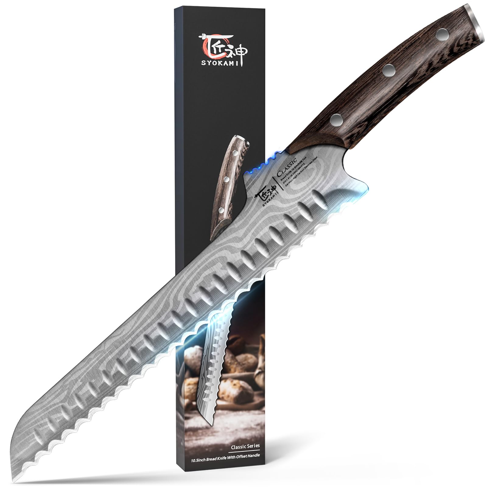 SYOKAMI offset bread knife with raised handle for safe, clean slicing.