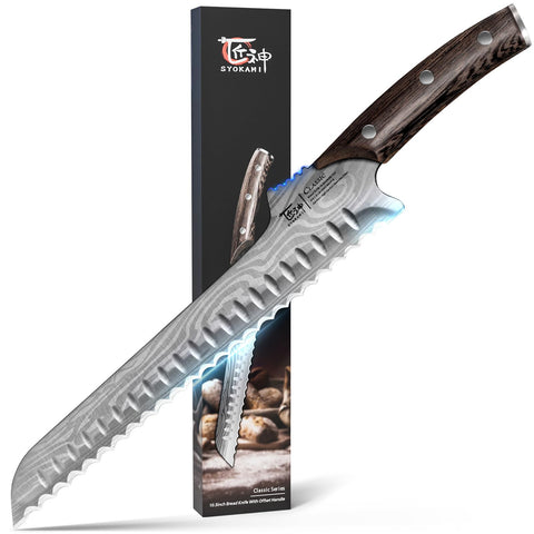 SYOKAMI offset bread knife with raised handle for safe, clean slicing.