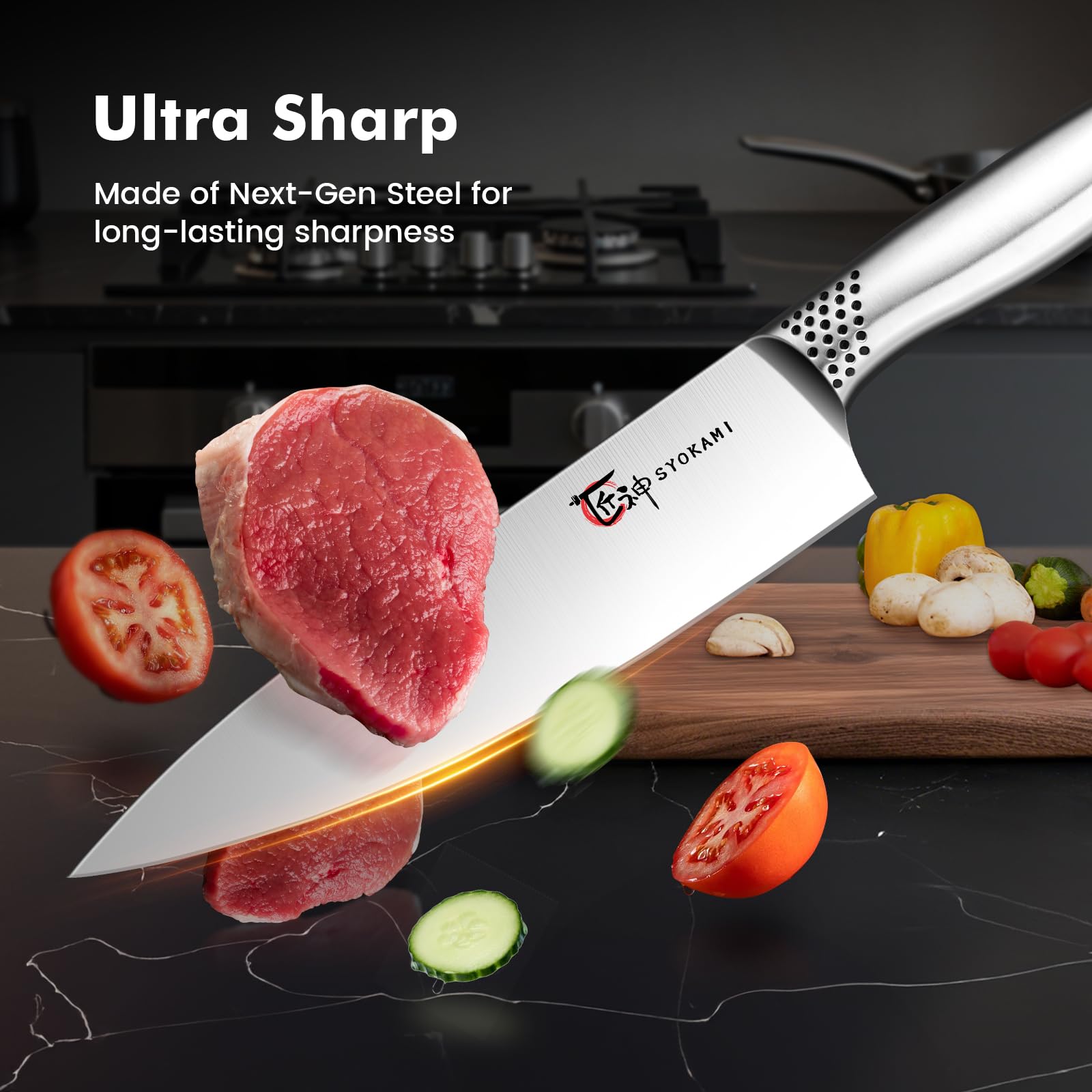 SYOKAMI razor-sharp blades delivering clean cuts for vegetables and meats.