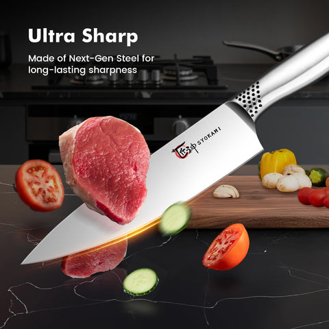 SYOKAMI razor-sharp blades delivering clean cuts for vegetables and meats.
