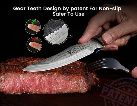 SYOKAMI blade with 15-degree edge for smooth steak slicing without tearing.