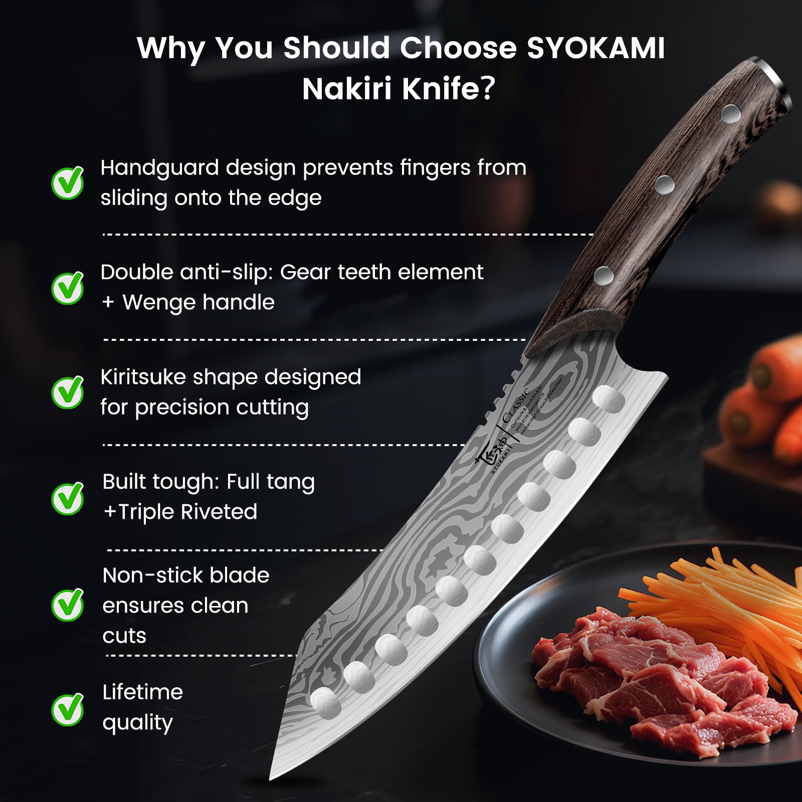 SYOKAMI wenge wood handle offers comfort and secure control