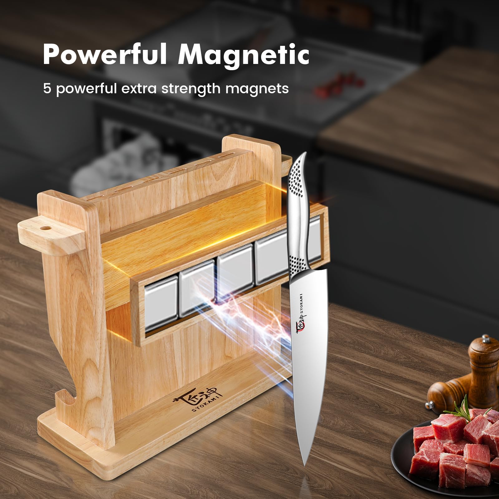 SYOKAMI wooden base knife block displaying premium blades for stylish storage.