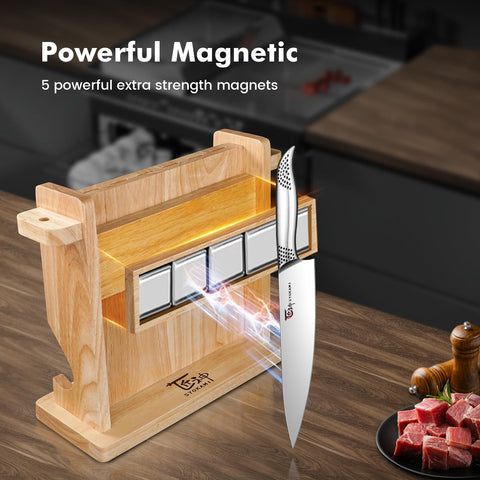 SYOKAMI wooden base knife block displaying premium blades for stylish storage.