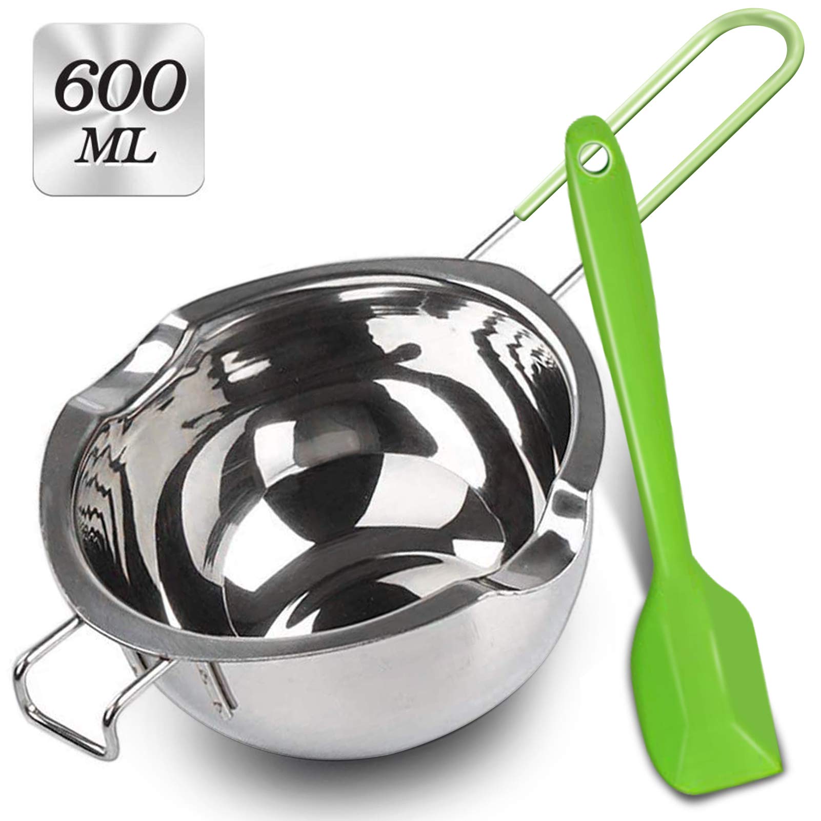 Sysmie stainless steel double boiler with spatula for even chocolate melting and safe handling.