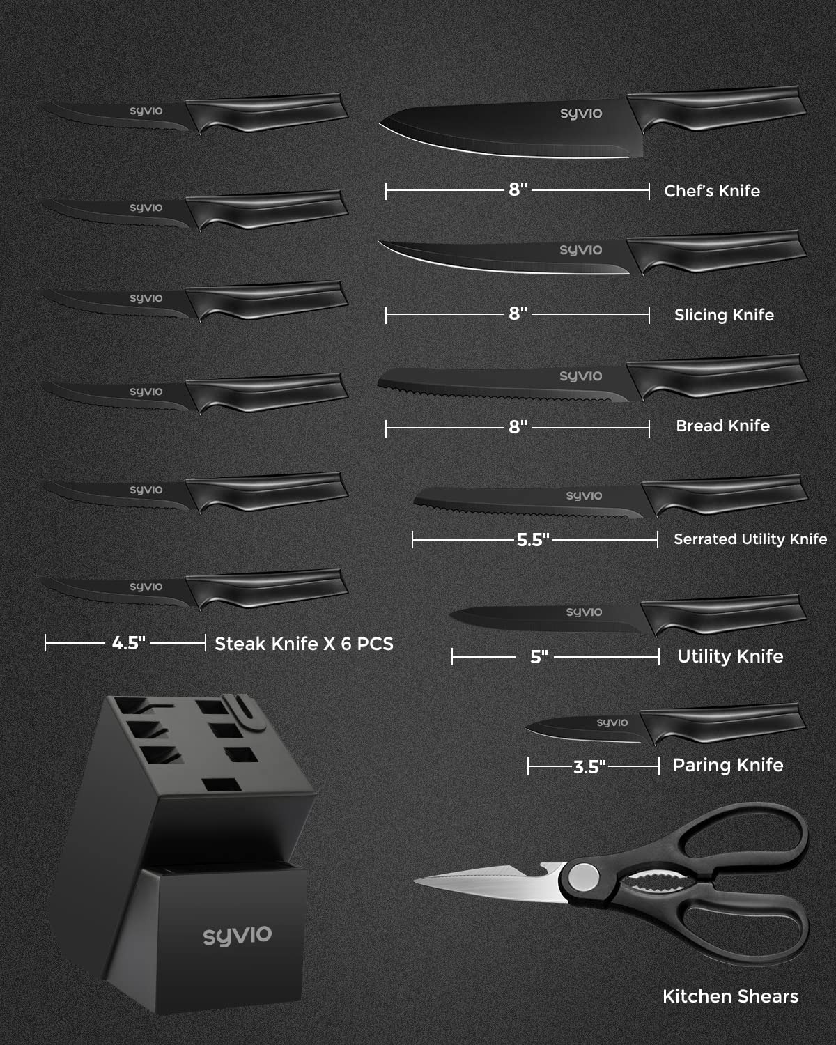 Syvio built-in sharpener visible in the block enhances blade upkeep.