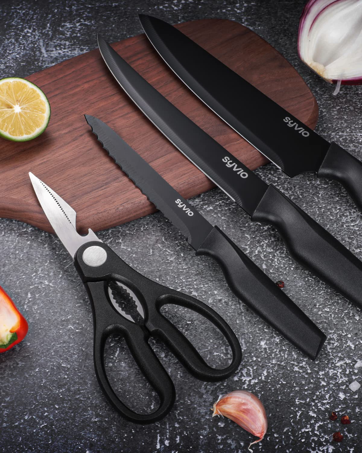 Syvio serrated steak knives in a row offer controlled carving.