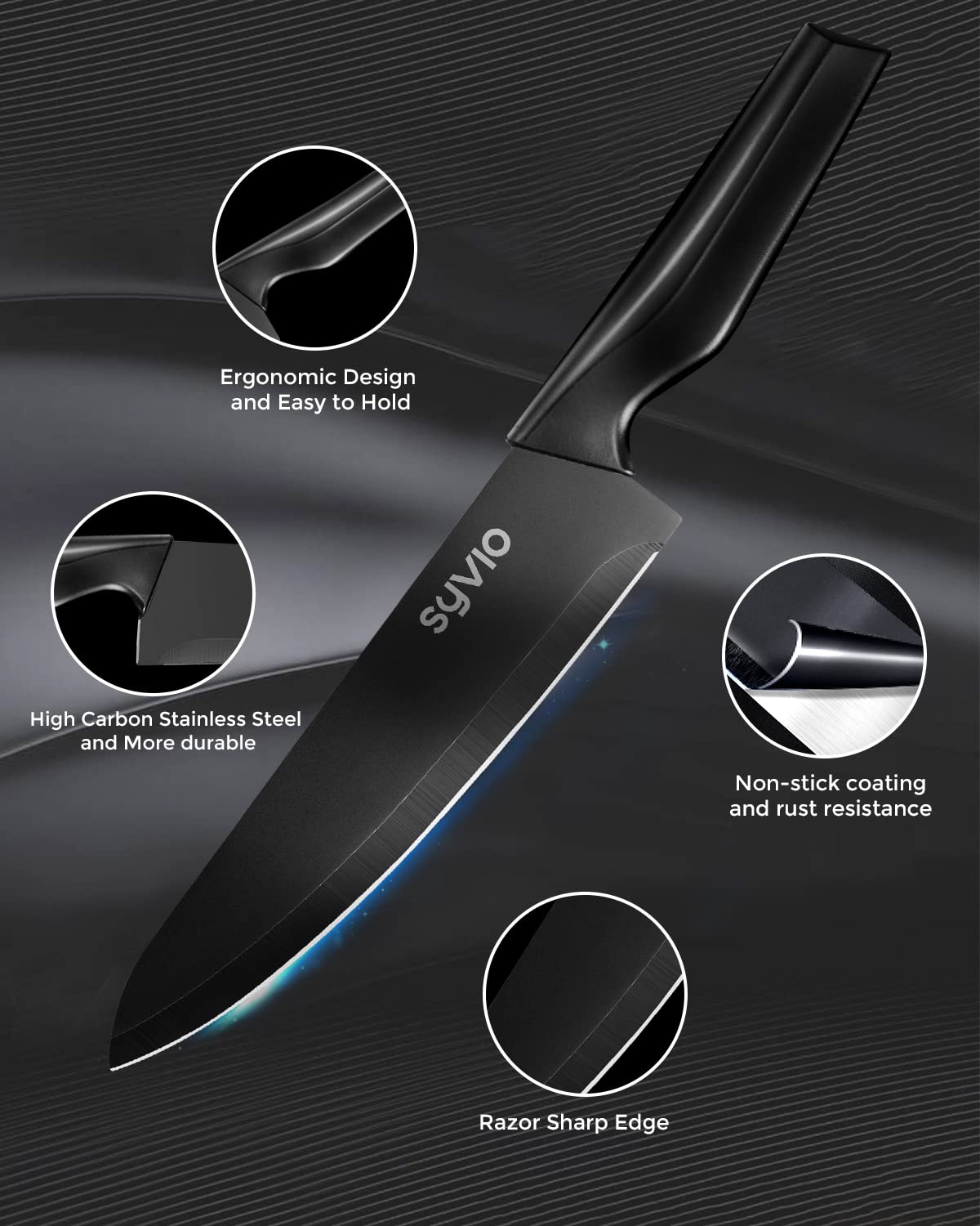 Syvio slicing knife blade glints for precise meat and veg slicing.