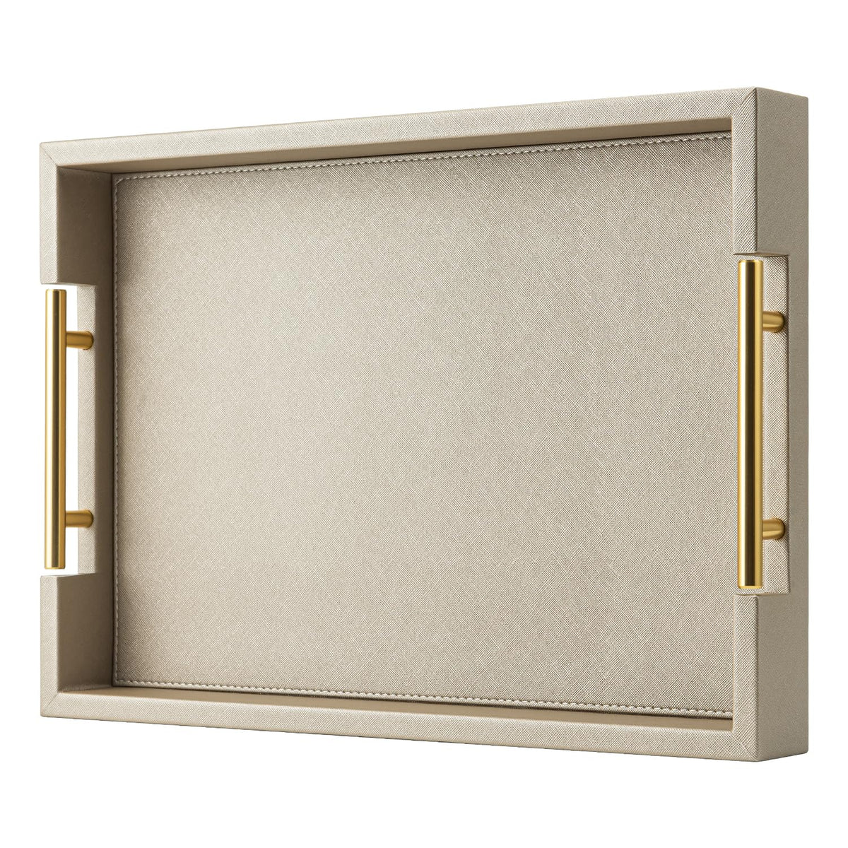 SYYSY Champagne faux leather serving tray with handles for elegant entertaining.
