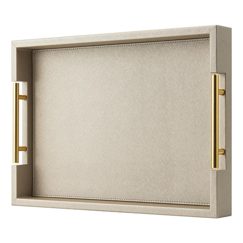 SYYSY Champagne faux leather serving tray with handles for elegant entertaining.
