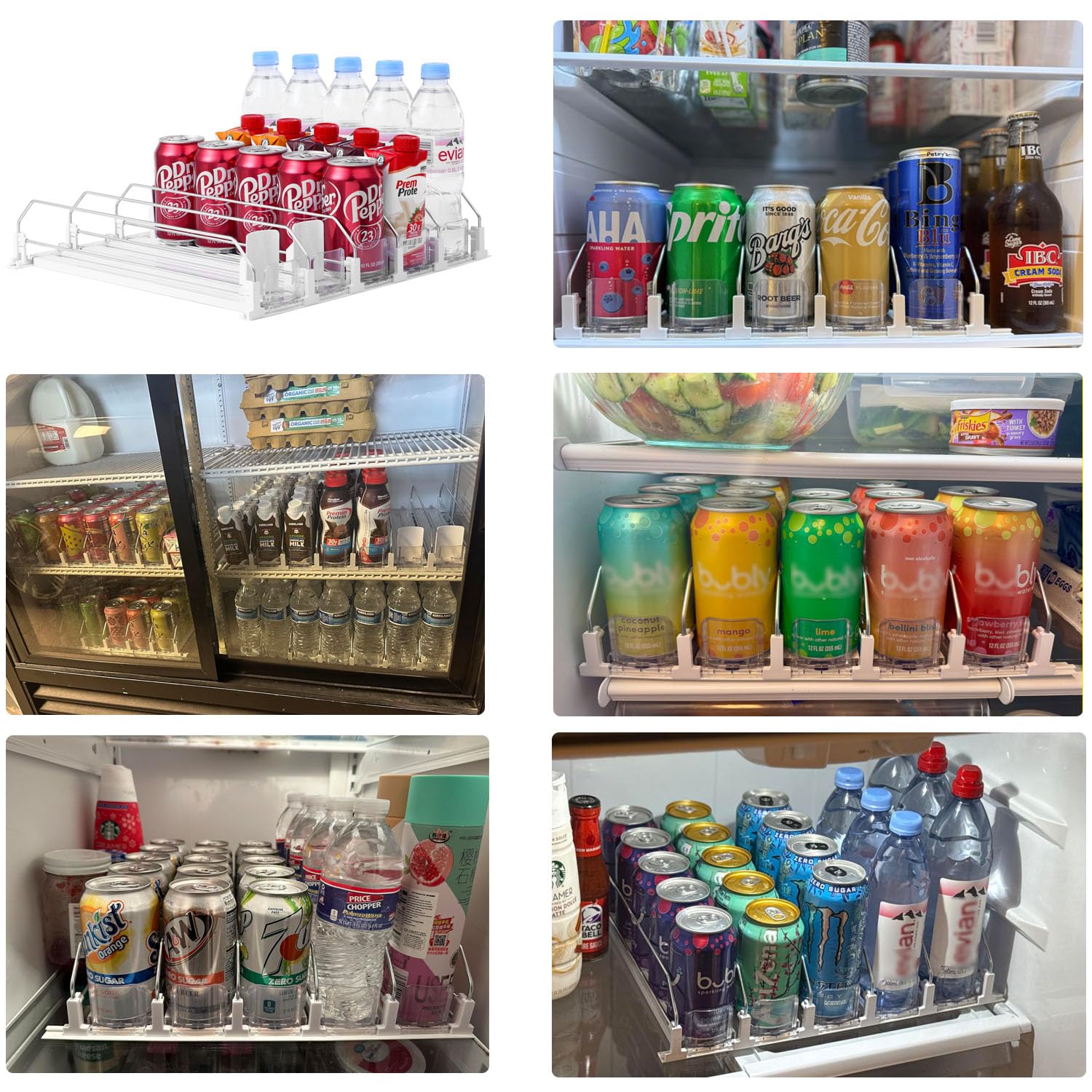 SZNLZQ Drink Organizer side view highlights adjustable width for different bottle sizes.