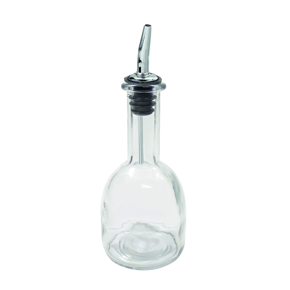 TableCraft 10404 clear glass bottle with stainless steel pourer for easy olive oil pouring