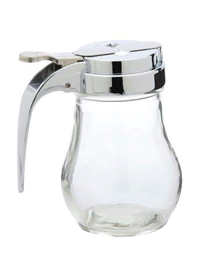 Tablecraft 6 oz syrup dispenser with glass body and chrome top for mess-free pours