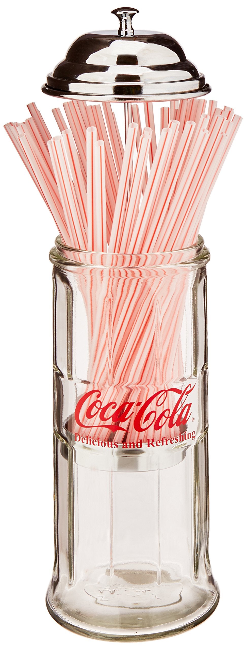 TableCraft Coca-Cola glass straw dispenser chrome lid offers stylish retro table display.