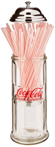 TableCraft Coca-Cola glass straw dispenser chrome lid offers stylish retro table display.