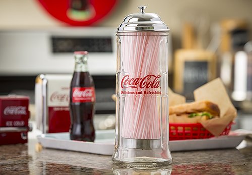 Close-up of the chrome lid on TableCraft Coca-Cola straw dispenser.