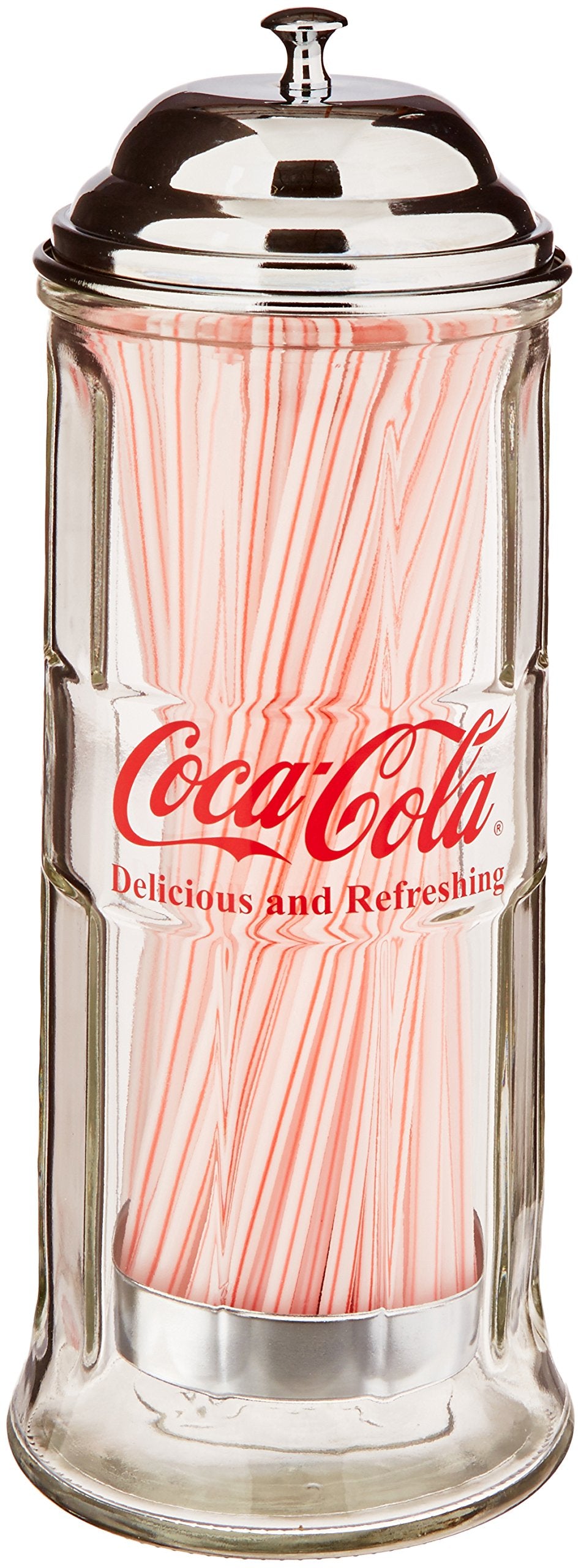 TableCraft Coca-Cola glass straw dispenser jar keeps wrapped and unwrapped straws neatly accessible.