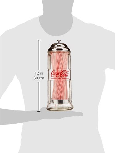TableCraft Coca-Cola glass straw dispenser on a table ready for quick straw access.