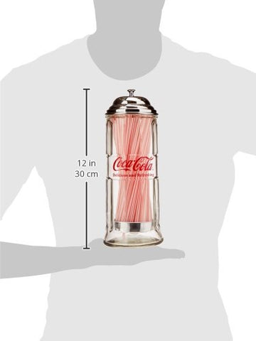 TableCraft Coca-Cola glass straw dispenser on a table ready for quick straw access.