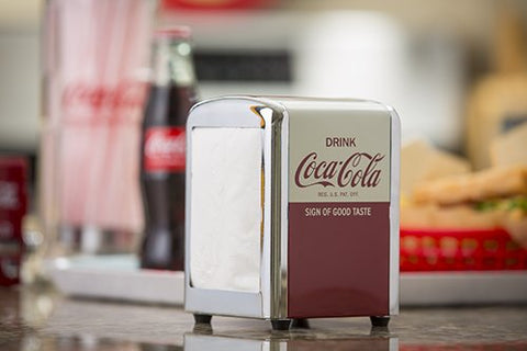 Tablecraft Coca-Cola Napkin Dispenser, red half design, keeps napkins accessible.