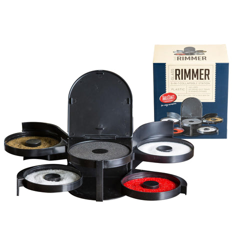 Tablecraft glass rimming station with five swing out trays for organized bar prep