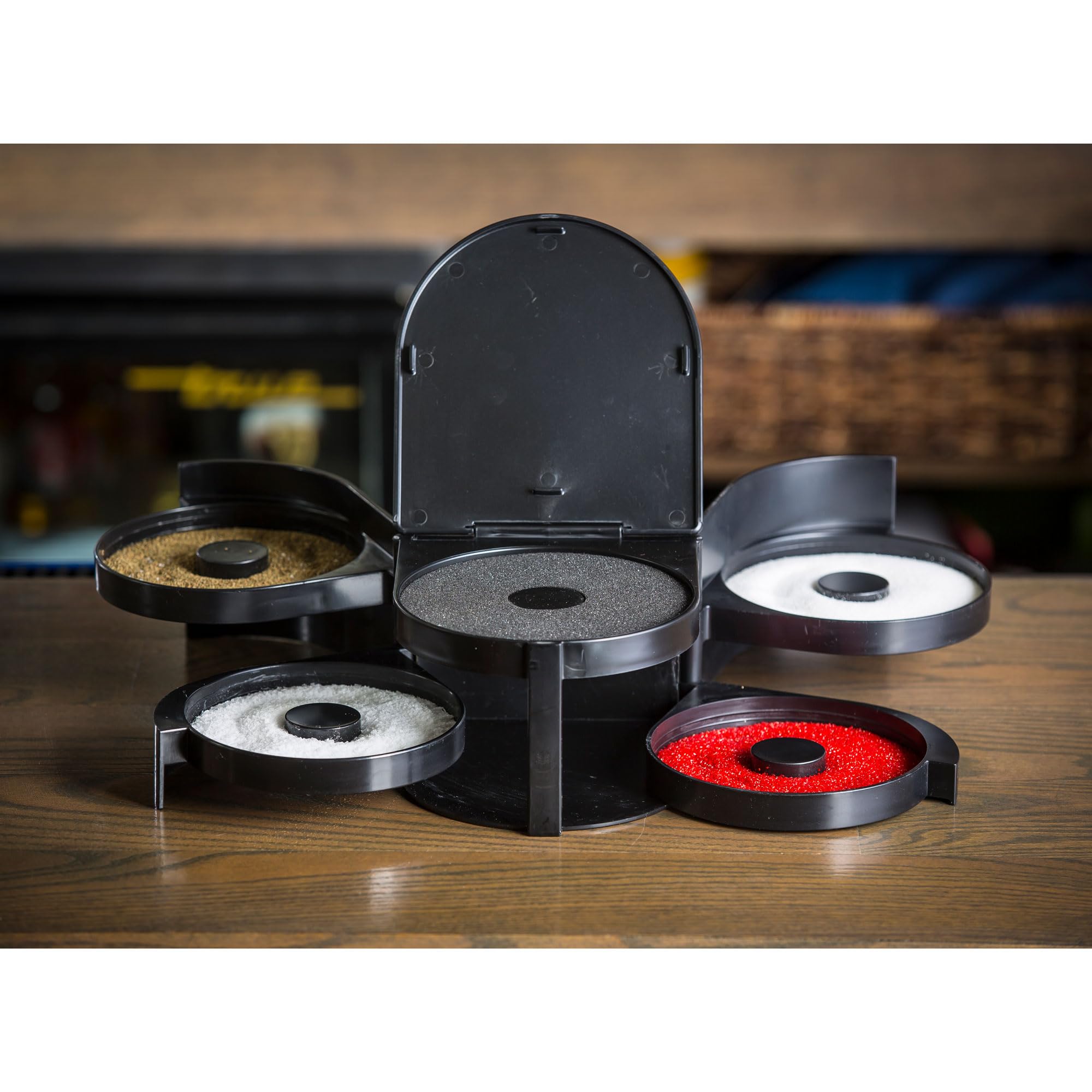 Tablecraft rimming station front view showing accessible swing out trays for quick setup