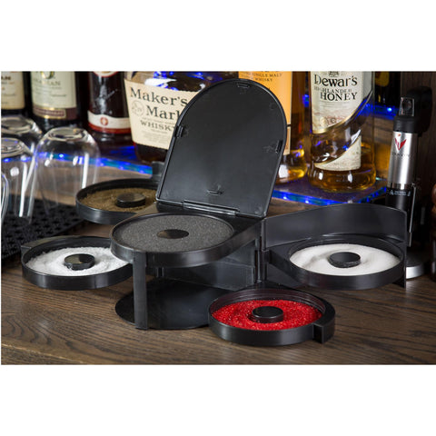 Tablecraft glass rimming station with trays open for easy access during cocktails