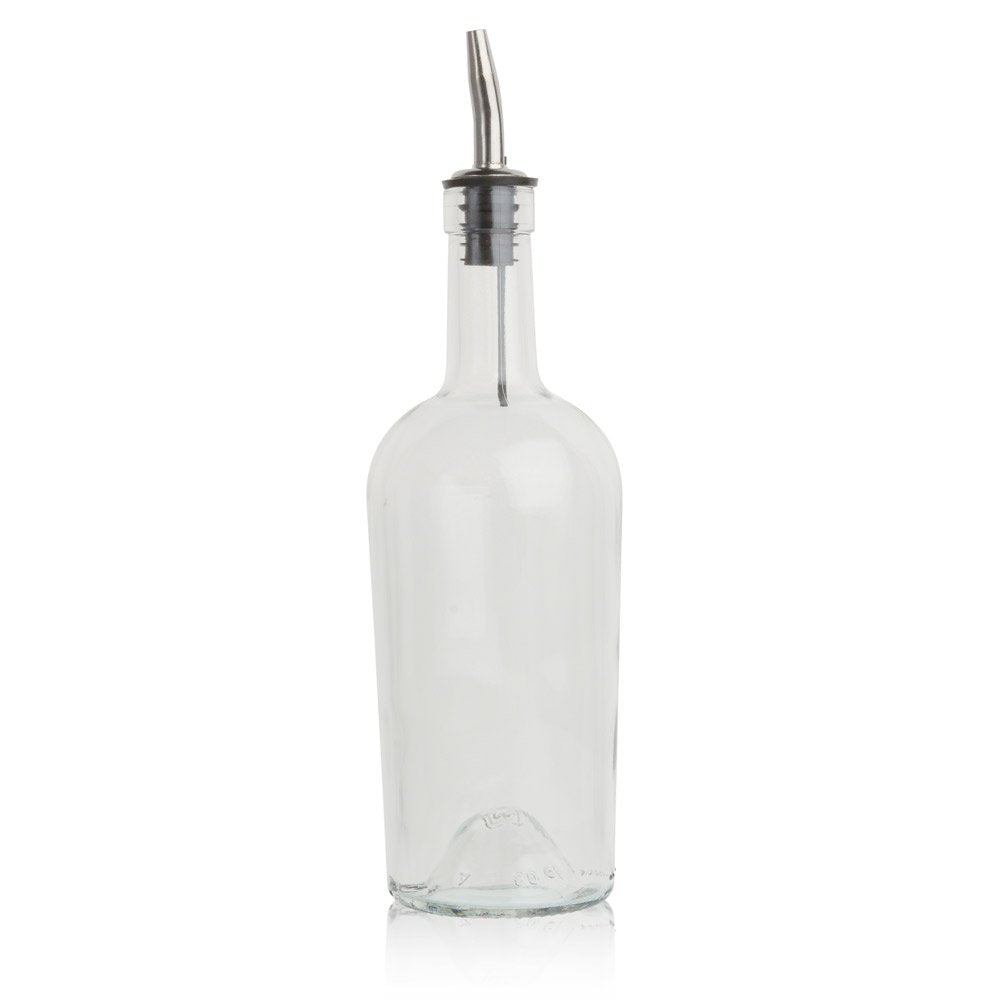 Tablecraft glass syrup bottle with vented pourer for precise, controlled pouring.