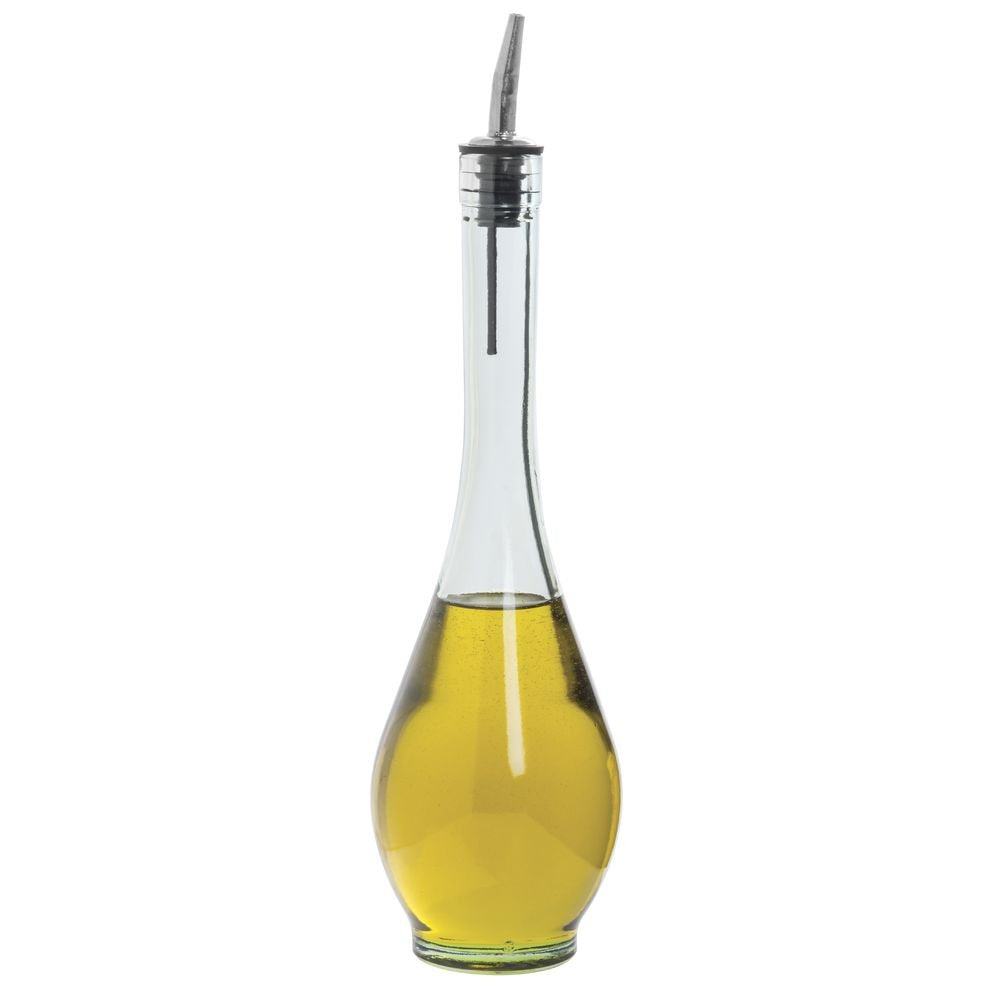 Close-up of Siena green tint glass bottle showing stainless pourer and elegant kitchen look.