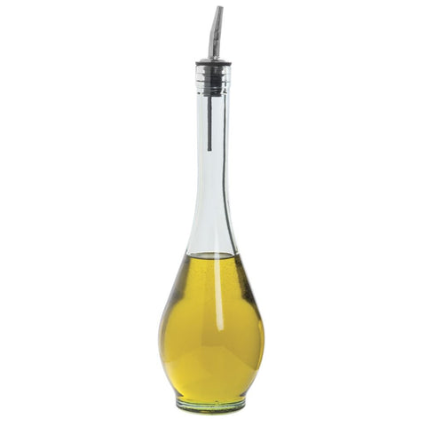Close-up of Siena green tint glass bottle showing stainless pourer and elegant kitchen look.